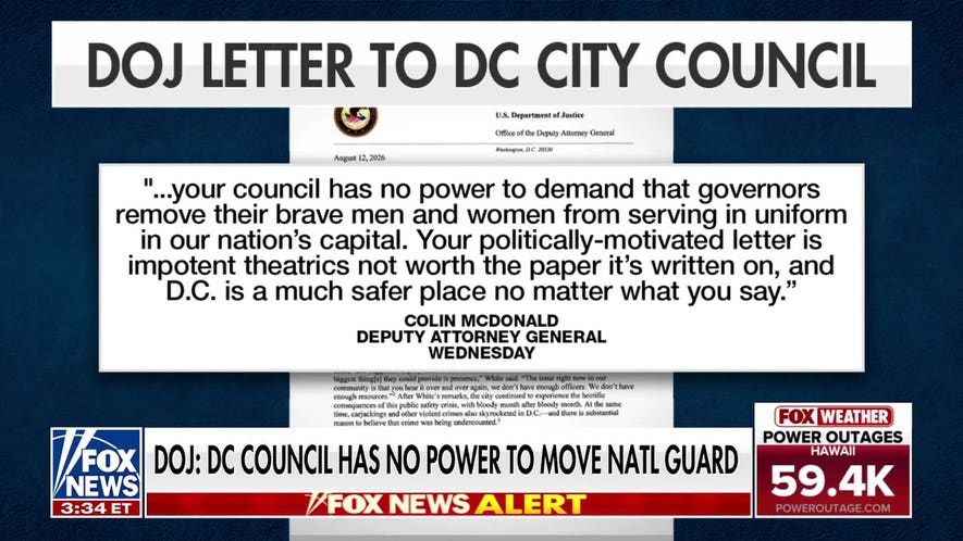 DOJ says DC City Council has no power to move National Guard