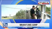Brian Kilmeade does zipline jump at Fort Liberty