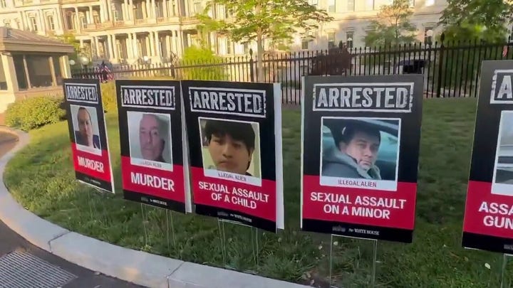 White House lawn lined with the faces of people 'arrested' for sex and drug-related violent crimes