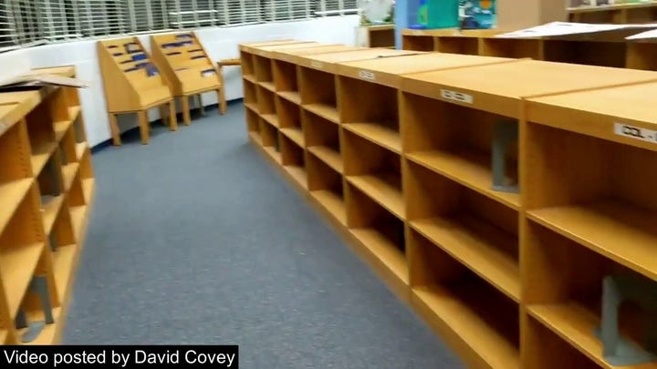 Video showing empty bookshelves in Florida library and counter-video showing full library shelves