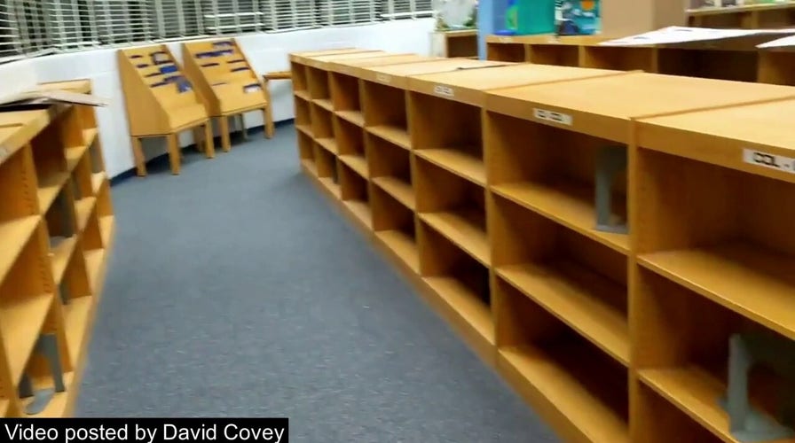 Video showing empty bookshelves in Florida library and counter-video showing full library shelves