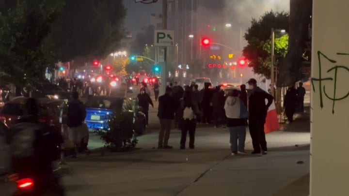 Police deploy tear gas and non-lethal weaponry to disperse anti-ICE protesters in Los Angeles.