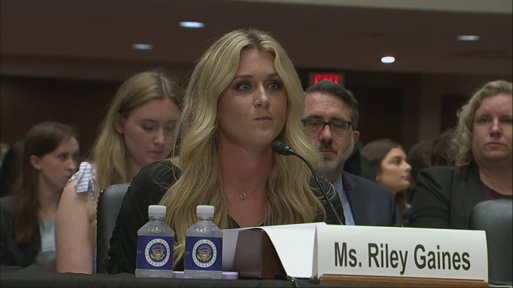 Riley Gaines delivers emotional statement at LGBTQ hearing before a Senate committee.
