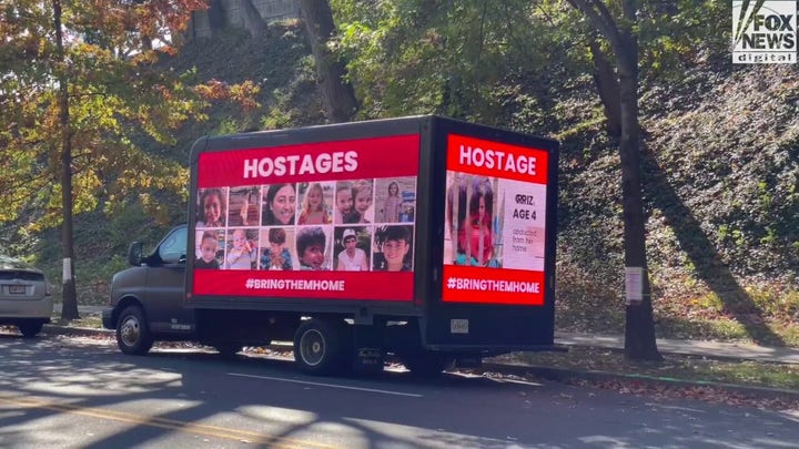 Pro-Palestinian college activists react to truck displaying Israeli hostages
