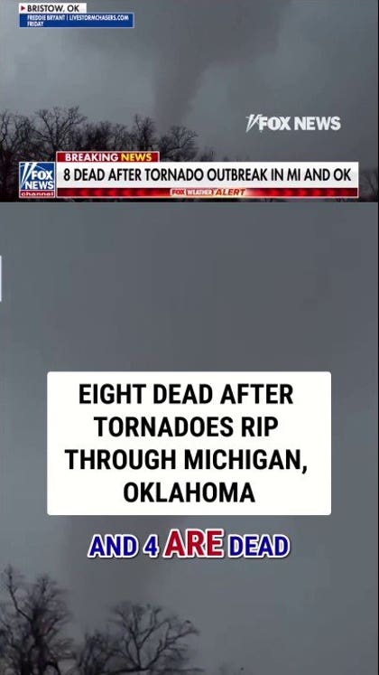 Eight dead, 12 injured after tornadoes rip through Michigan, Oklahoma