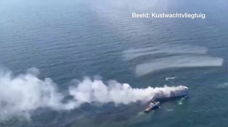 Aerial footage shows fire blazing on cargo ship off Dutch Coast