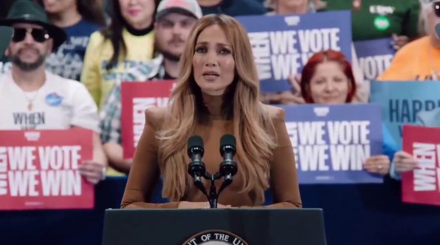 Jennifer López se emociona durante su discurso en el mitin Harris