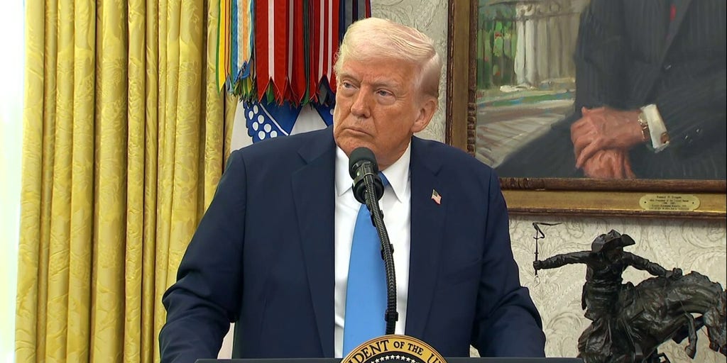 President Donald Trump draws laughter during a news conference in the Oval Office