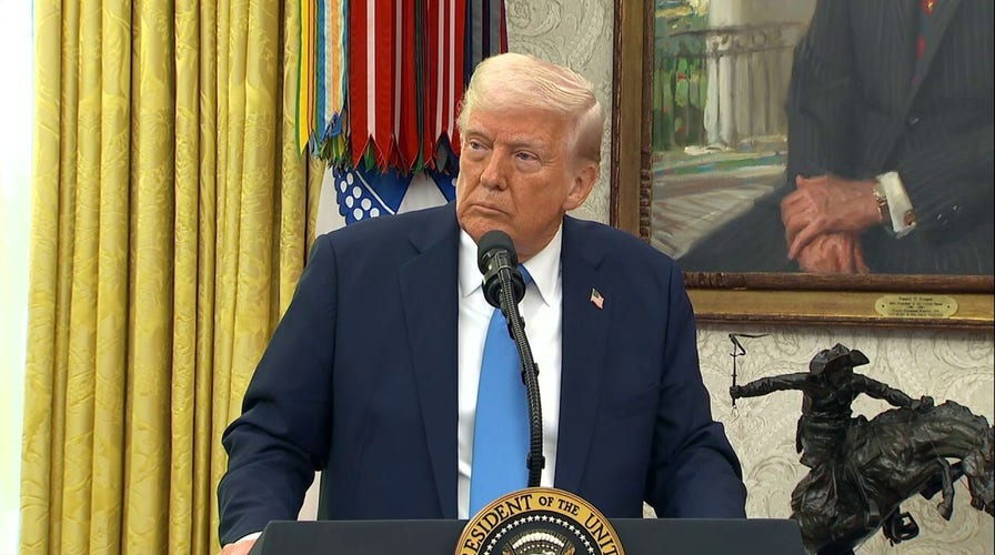 President Donald Trump draws laughter during a news conference in the Oval Office
