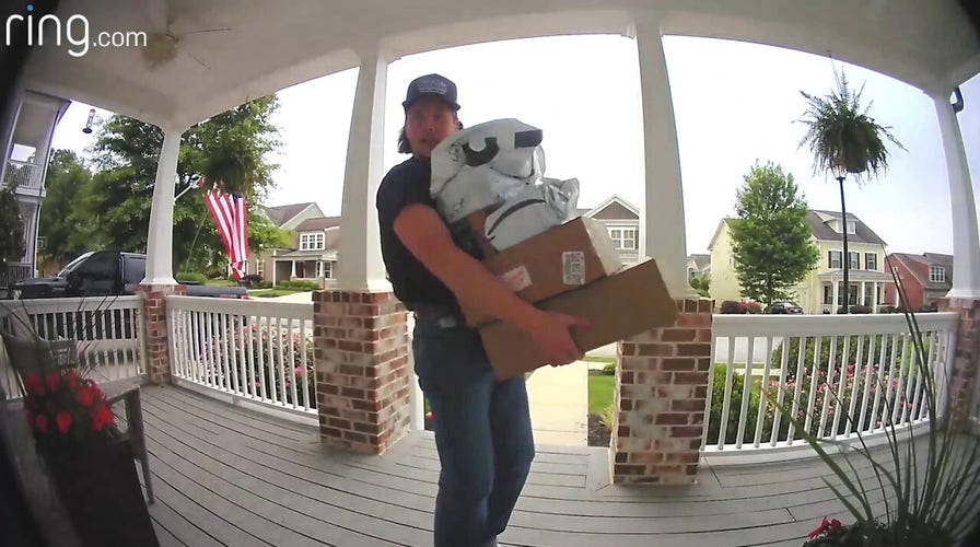 Son picks up mom’s packages off the front porch, jokes about her shopping problem