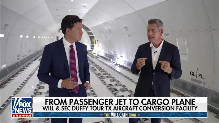 Transportation Secretary Duffy shows how a Texas facility turns passenger jets into cargo planes