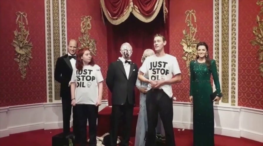 Just Stop Oil activists strike again, throw cake at King Charles III waxwork