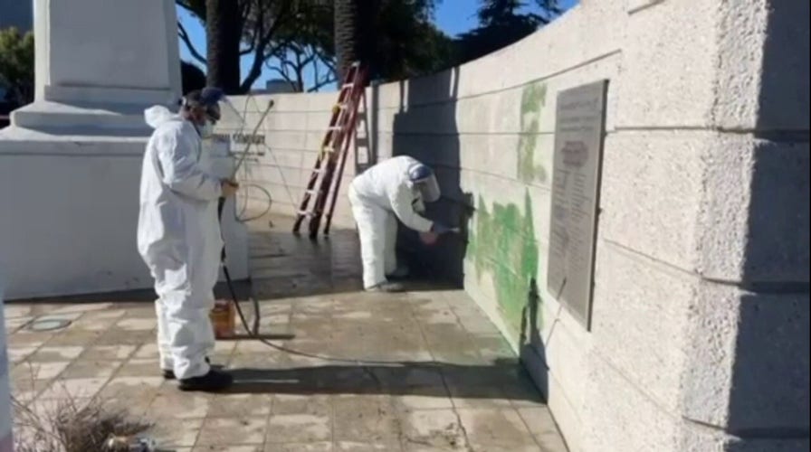 VIDEO: 'Free Gaza' graffiti cleanup at National Cemetery in Los Angeles
