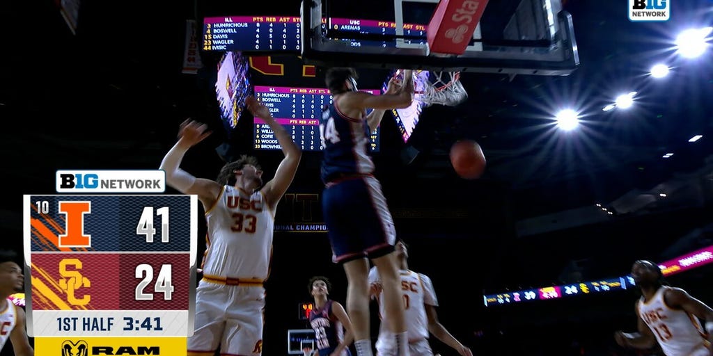 Illinois’ Keaton Wagler sets up Zvonimir Ivisic for alley-oop slam vs. USC