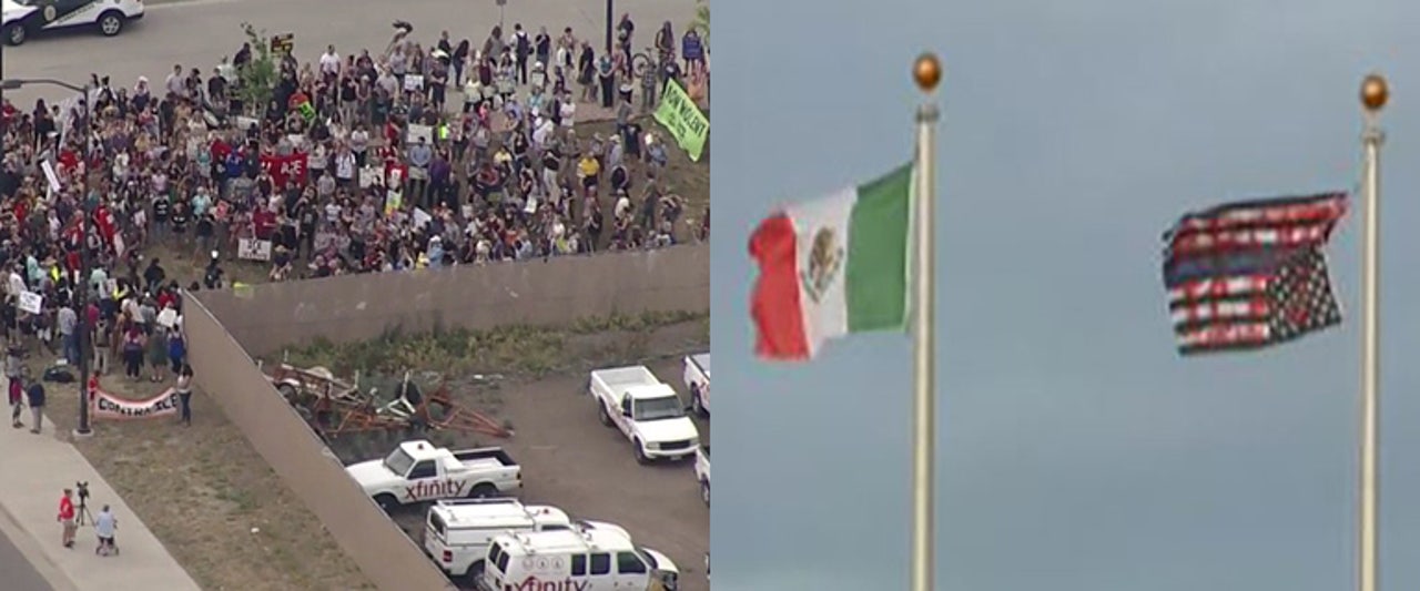 Protesters pull down US flag, fly Mexico banner outside facility holding illegal immigrants