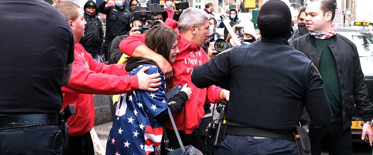 Man and girl in flag