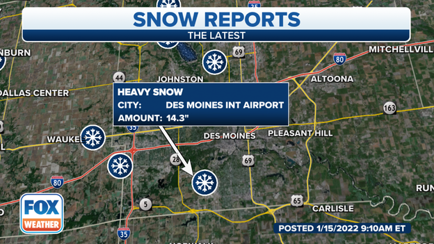 Des Moines, Iowa, reports 14.3 inches of snow