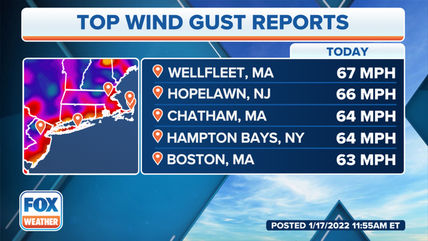 Cape Cod reports 67 mph wind gust