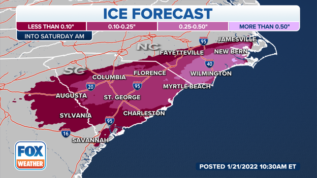 More than 1/2 inch of ice possible along coastal North Carolina