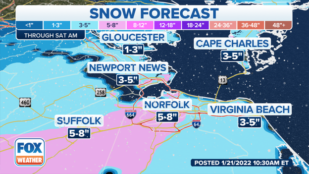 Updated snowfall forecast: Norfolk metro area