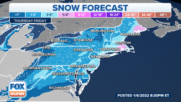 Updated snowfall forecast for Northeast