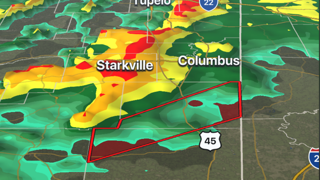 FOX Weather 3D Radar tracking tornado-warned storm in eastern Mississippi