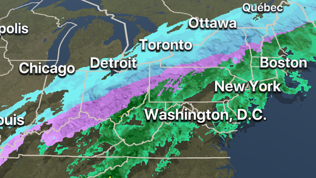 FOX Weather 3D Radar tracking freezing rain and snow moving through Northeast