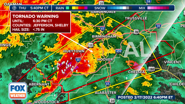 Tornado-warned storm impacting parts of Birmingham, AL