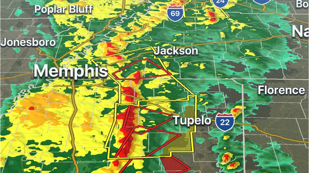 Line of tornado-warned storms moving through Mississippi