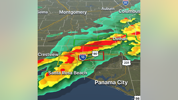 FOX Weather 3D Radar tracking a tornado-warned storm along I-10 in Florida