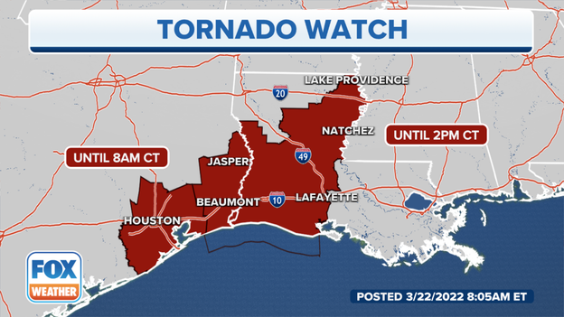 Tornado Watch issued for parts of Louisiana, Texas until 2 p.m. CT