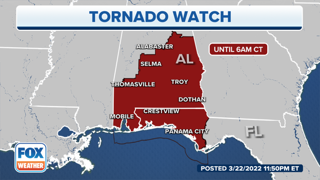 Tornado Watch issued for parts of Alabama, Florida until 6 a.m. CDT