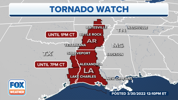 New Tornado Watch issued for parts of Missouri, Arkansas, Louisiana and Texas until 7 p.m. Central