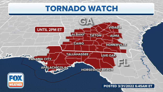 Tornado Watch issued for parts of Georgia, Florida until 2 PM Eastern