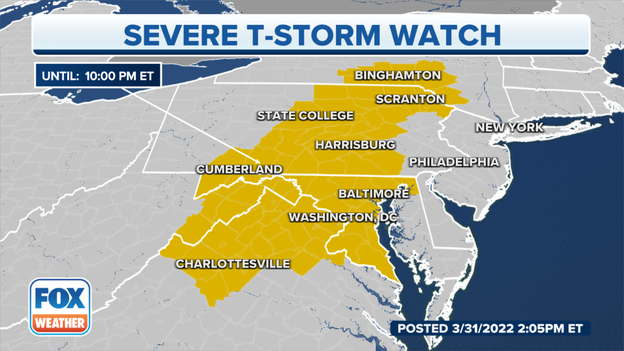 Severe t-storm watch issued for mid-Atlantic, Northeast