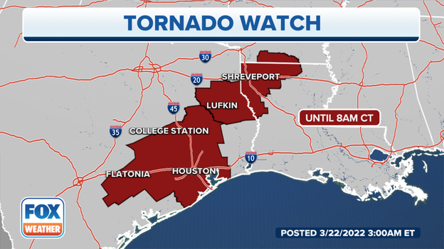 Tornado Watch in effect for parts of Texas, Louisiana