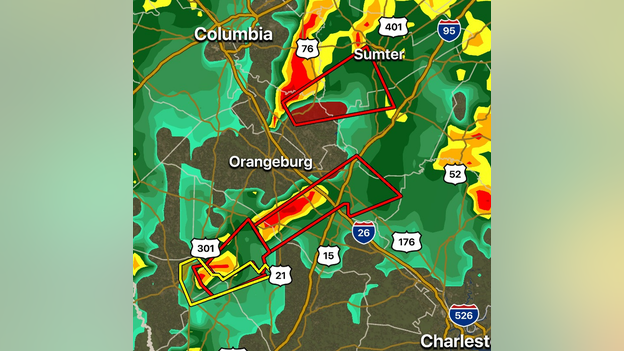 Pair of tornado-warned storms moving between Charleston, Columbia