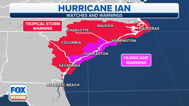 Hurricane Warnings, Tropical Storm Warnings remain in effect across the Carolinas
