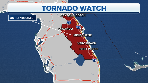 Tornado Watch in effect in central, eastern Florida until 1 a.m.
