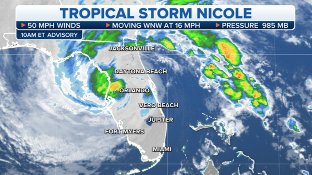 10 A.M. UPDATE: Nicole's winds decrease to near 50 mph with higher gusts