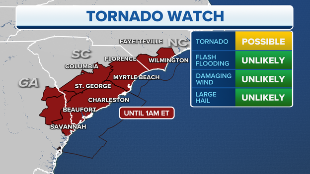 Tornado Watch in effect until 1 a.m. for areas of Georgia, the Carolinas