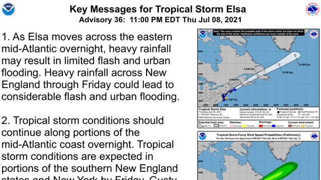 Elsa continues on path through Mid-Atlantic to New England