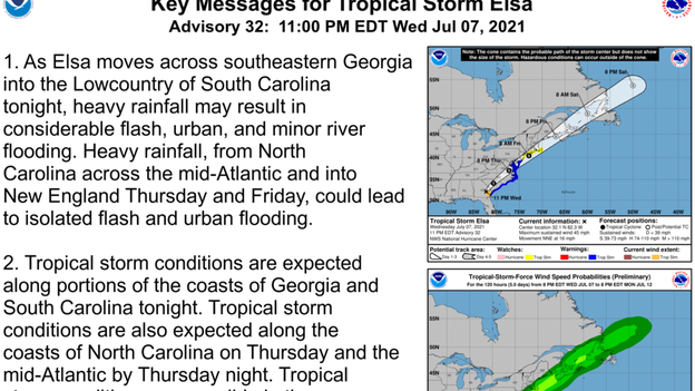 Center of Tropical Storm Elsa moves into southern South Carolina