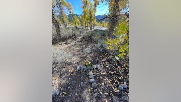 Gabby Petito's stepfather lays stone cross and flowers on site where her body was found in Wyoming