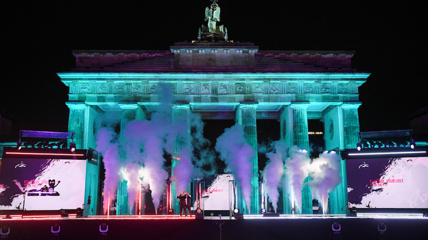 DJ puts on show at Brandenburg Gate in Berlin