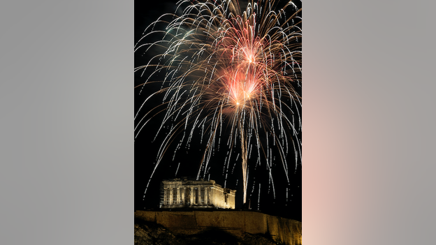 Fireworks explode over Greece's ancient Parthenon temple