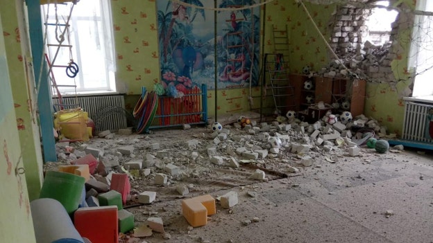 Photo shows damaged kindergarten in eastern Ukraine