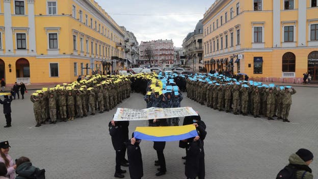 Odessa State University cadets in southern Ukraine form nation's coat of arms to show unity