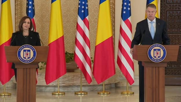 Harris takes questions alongside Romanian President Klaus Iohannis