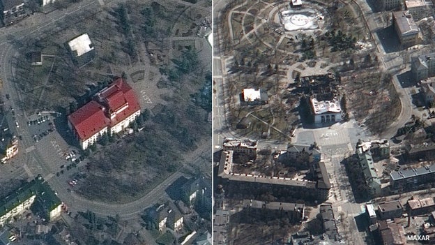 Satellite images show Mariupol theater before and after airstrike